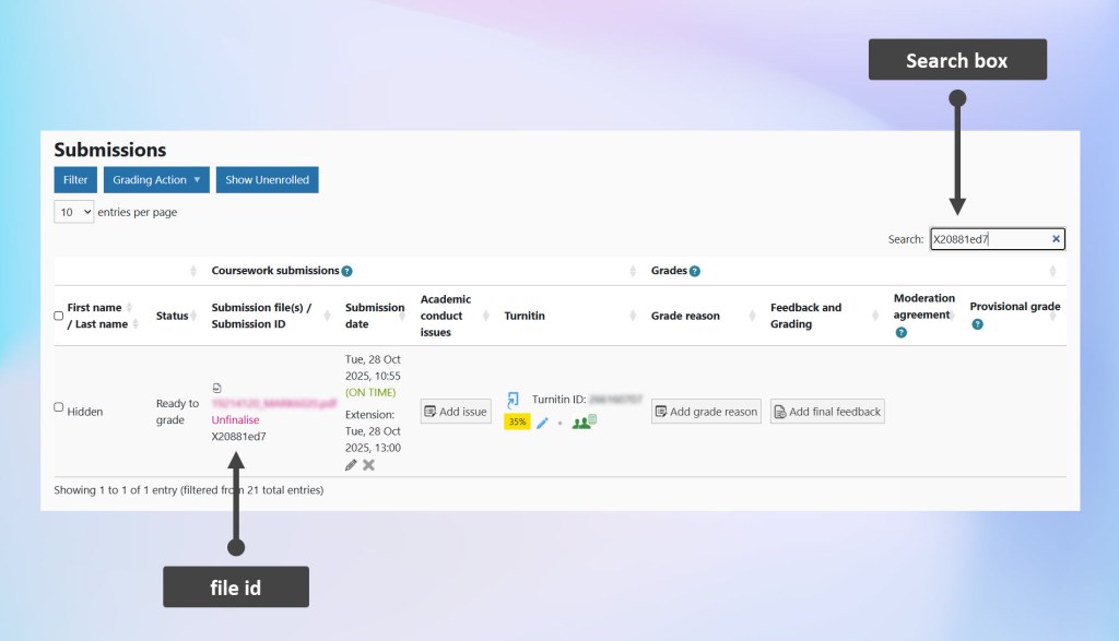 Coursework Submissions page, showing the 'Search' box at the top-right of the submissions list. A file id has been entered into the Search box and the submissions list shows the corresponding submission.
