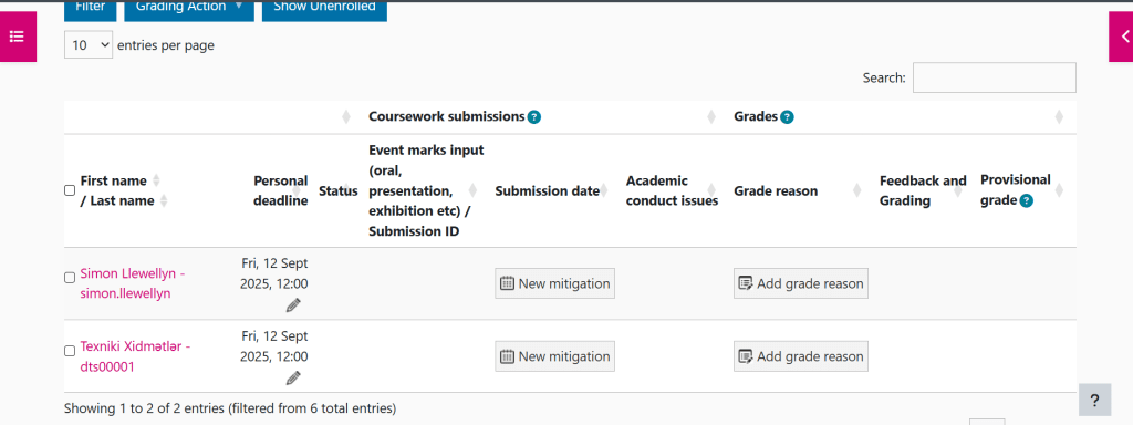 Screenshot of Event Coursework before marking