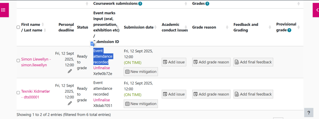 Screenshot of event Coursework after Event date is allocated with 'Event attendance recorded' highlighted.