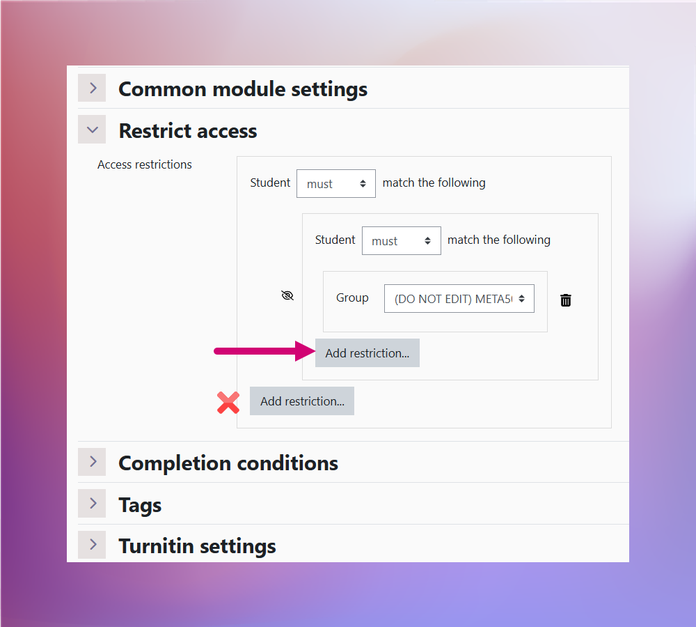 Screenshot showing add restriction highlighted in the restriction settings