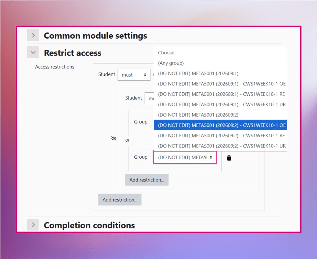 Screenshot showing a restriction set selected