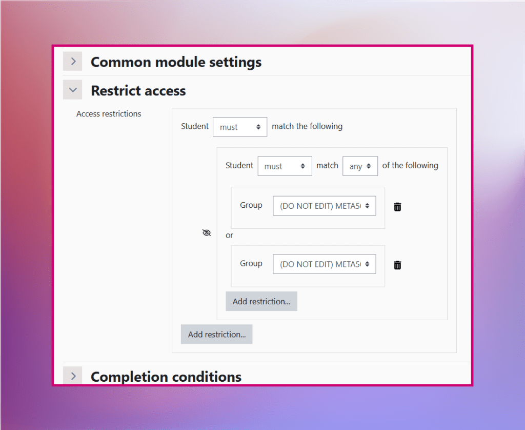 Screenshot of restriction settings with groups selected