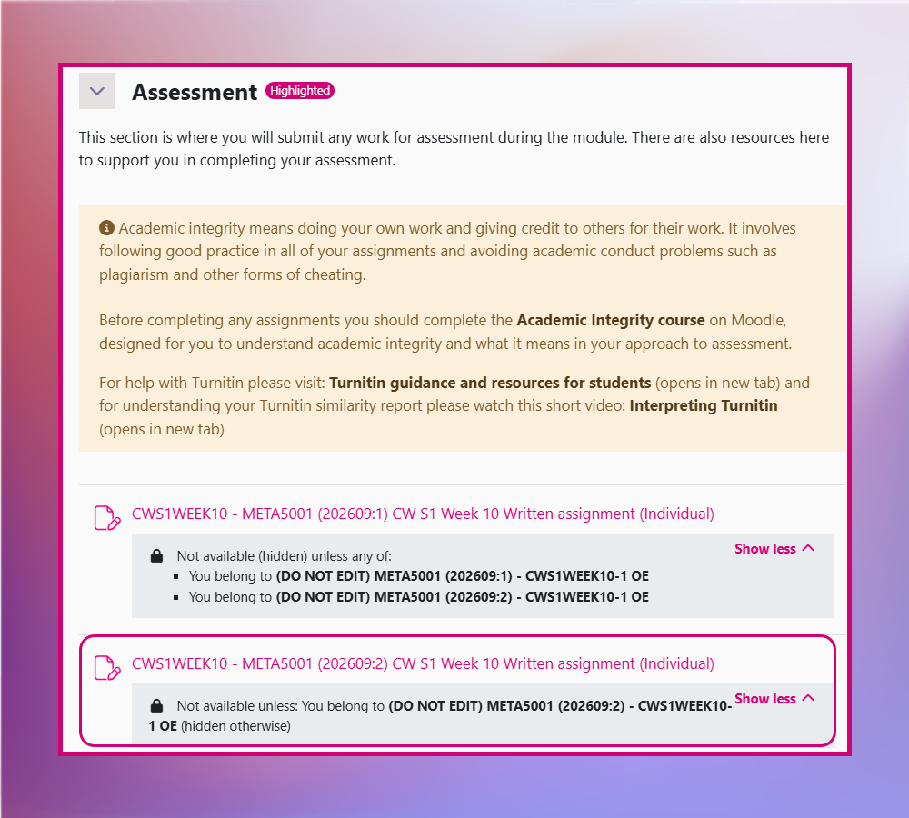 Screenshot of the Assessment section highlighting the child course Coursework activity