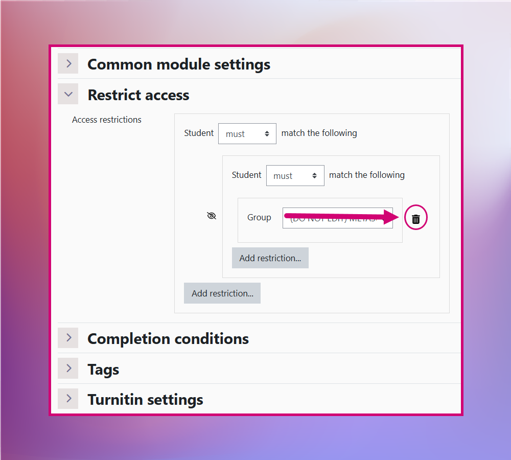 Screenshot of the Restriction settings with the 'delete' icon highlighted