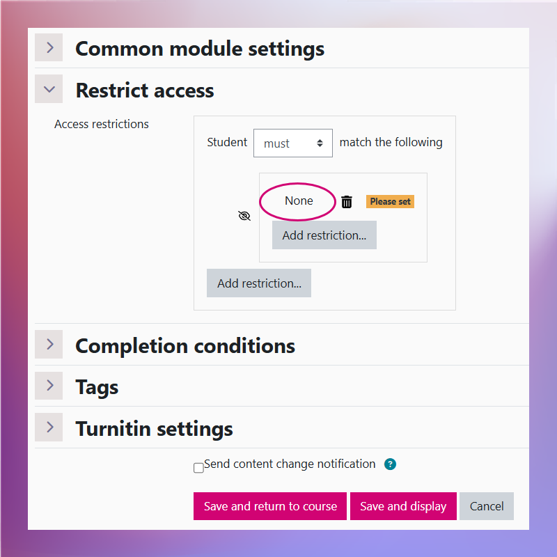 Screenshot of the Restriction sets options