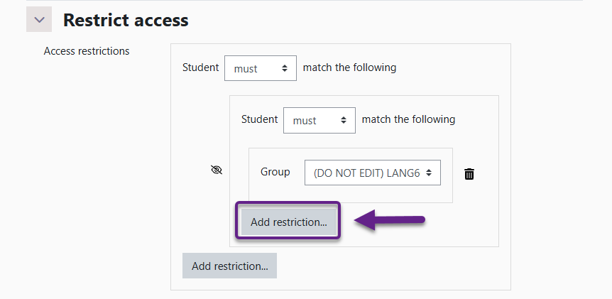 Screenshot showing which Add restriction button to select