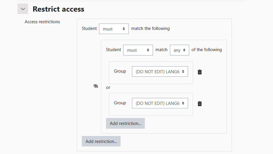 Screenshot with two groups in the correct restriction set.