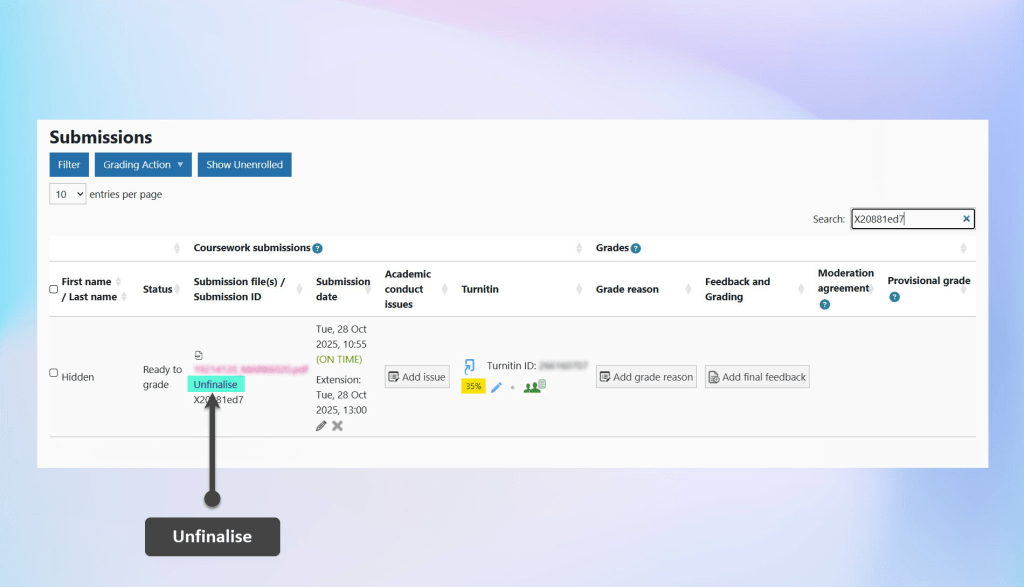 Coursework Submissions page, a finalised submission entry is displayed. The link to 'unfinalise' is highlighted.