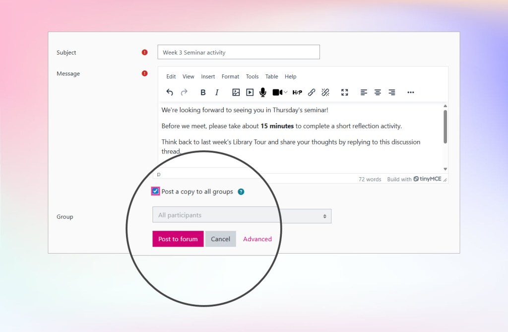 Moodle Post a discussion page shows the tick box for 'Post a copy to all groups'.