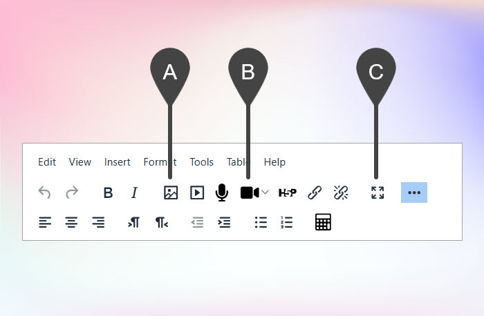 TinyMCE text editor toolbar, including the insert image, insert video\screen recording, full screen buttons.