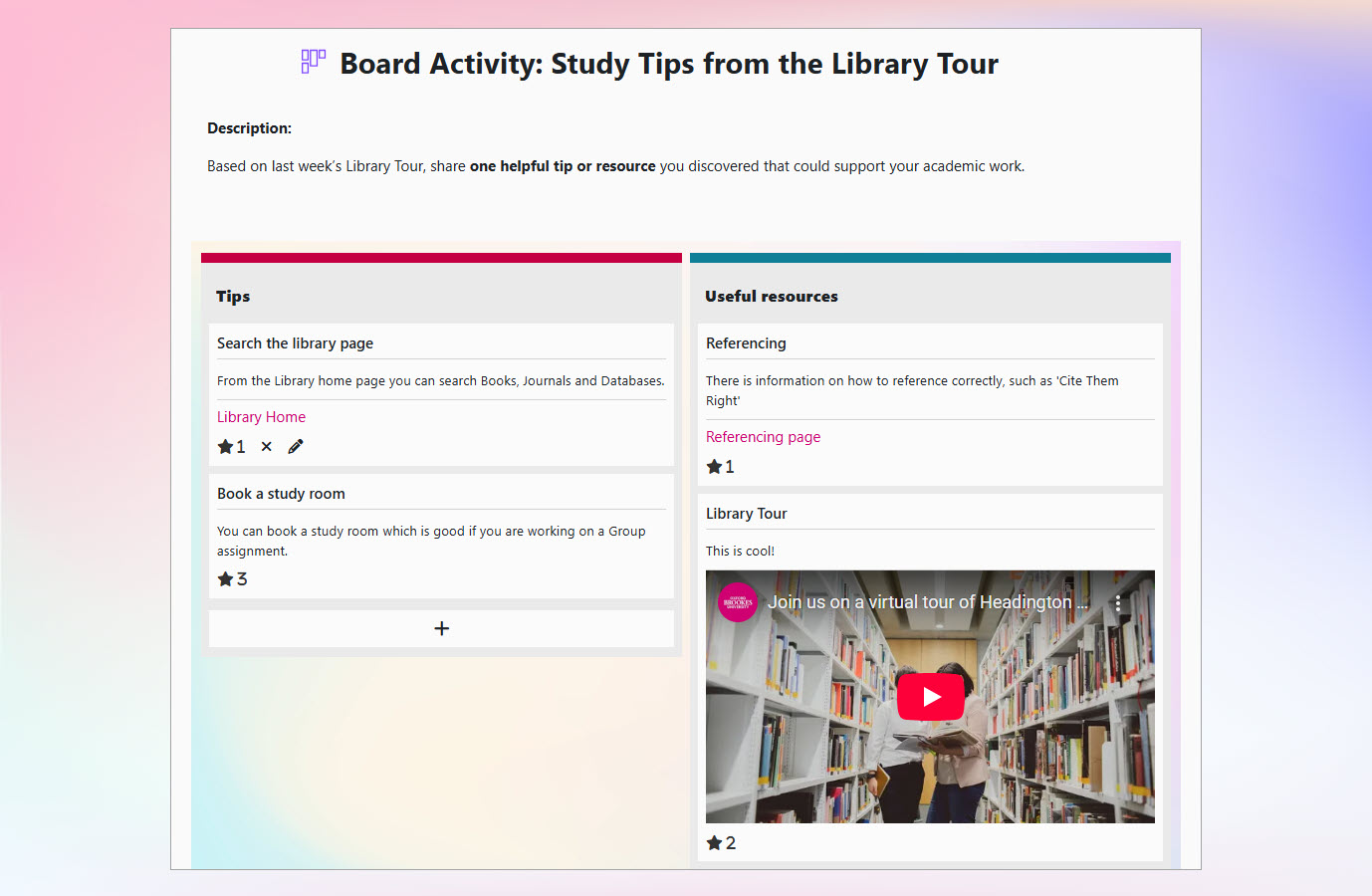 Moodle Board showing two columns and four posts