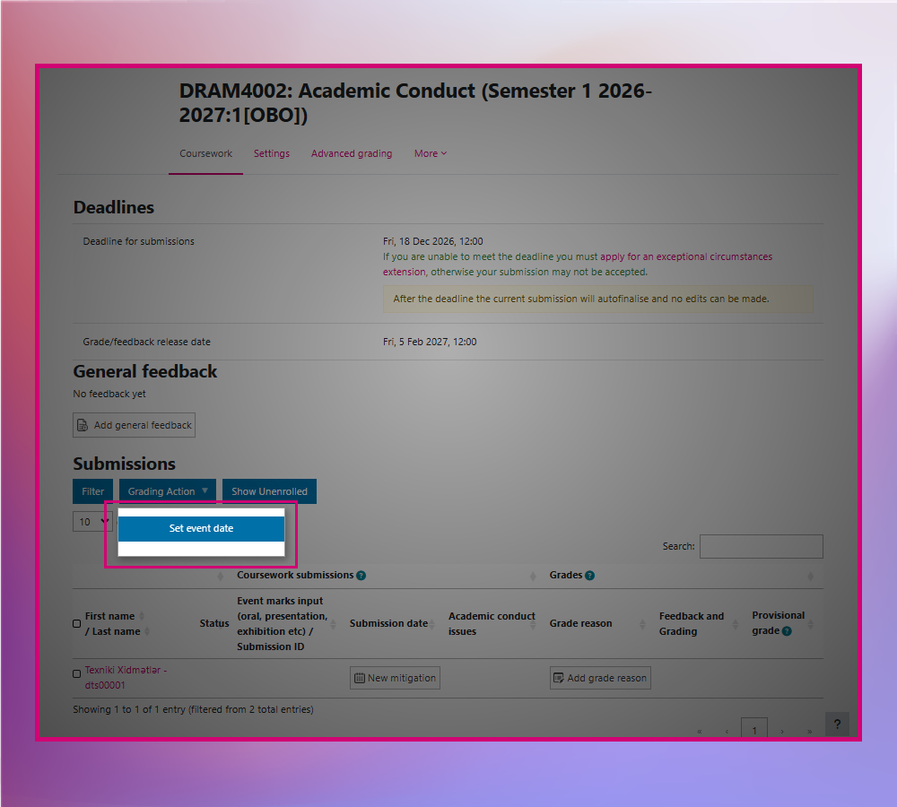 Screenshot showing Event Date