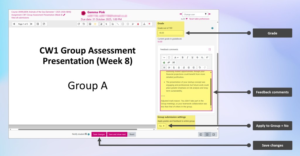Grader interface window showing the Grade field, the Comments field, and the 'Group Submission setting' with the 'Apply grade and feedback to entire group' set to 'No', and the 'Save changes' button