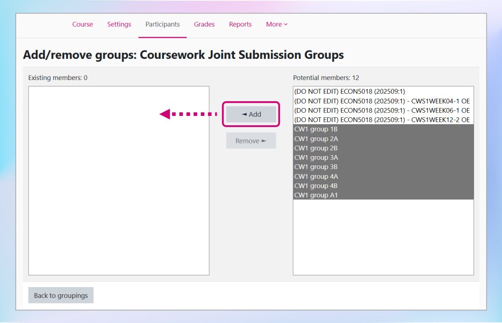 Screenshot of the Moodle ‘Add/remove groups’ screen for a grouping. The interface shows available groups on the left and selected groups on the right. The Add button is highlighted to indicate how to move groups into the selected list.