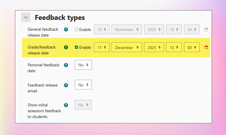 Moodle screenshot highlighting the 'Grade/feedback release date' setting in the Coursework activity