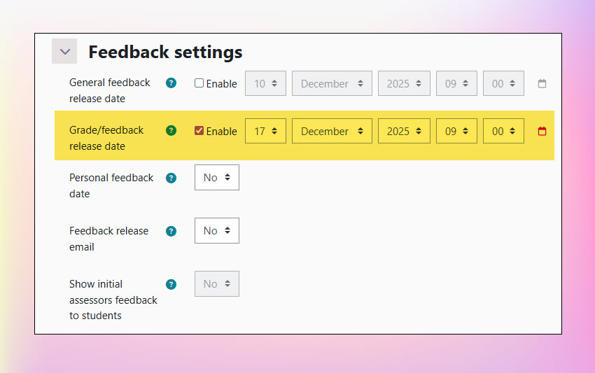Moodle screenshot highlighting the 'Grade/feedback release date' setting in the Coursework activity