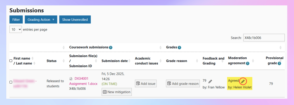 Moodle screenshot showing a filtered entry on the submissions page. The pencil icon is highlighted to show how to access moderation comments left in Coursework.