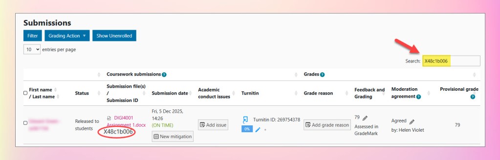 Moodle screenshot showing a filtered entry on the submissions page. The Submission ID is highlighted in the Search box, and the corresponding Submission ID in the filtered list is highlighted to show a match.