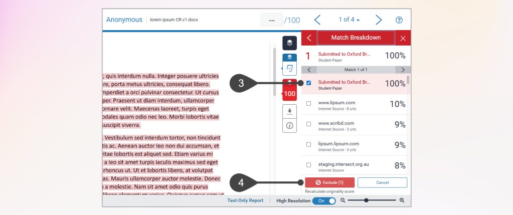 The Feedback Studio 'Match Overview' shows the 100% matching paper selected (ticked) and the 'Exclude' button.