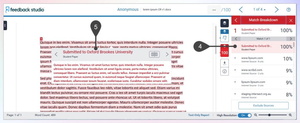 The Feedback Studio 'Match Overview' panel shows expanded results for Oxford Brookes University, and one paper with a 100% match.