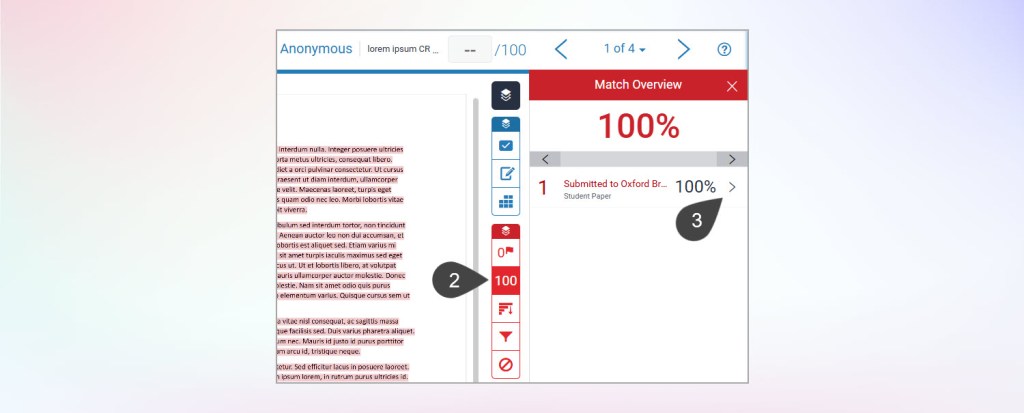 The Feedback Studio 'Match Overview' panel shows a 100% match for papers submitted to Oxford Brookes University