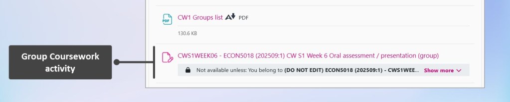 Moodle screenshot showing a Group Coursework activity, named 'CWS1WEEK06 - ECON5018 (202509:1) CW S1 Week 6 Oral assessment / presentation (group)'. The icon is a pink paper and pen icon. 