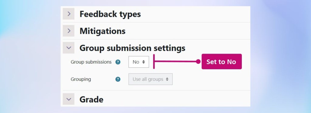 The Coursework settings page, shows the Group submission settings section, and Group submissions set to 'No'.