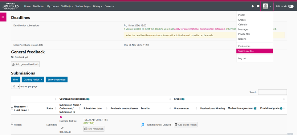 Screenshot showing switch role to options