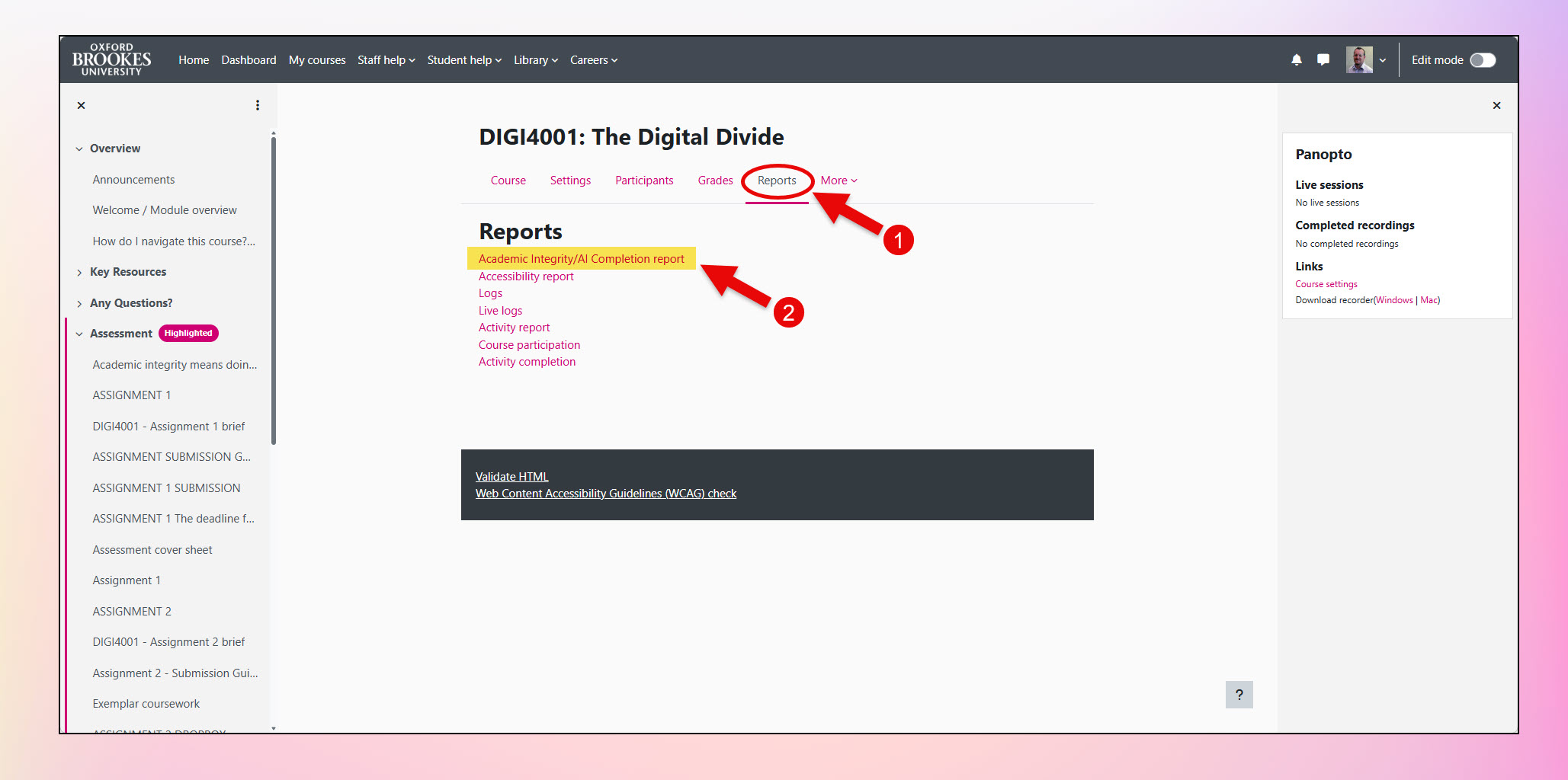 Screenshot showing the Reports screen of a Moodle module. The 'Academic Integrity/AI Completion report' is highlighted.