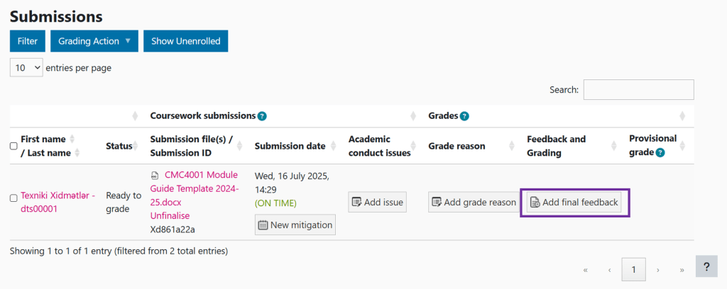 Screenshot showing add final feedback button.