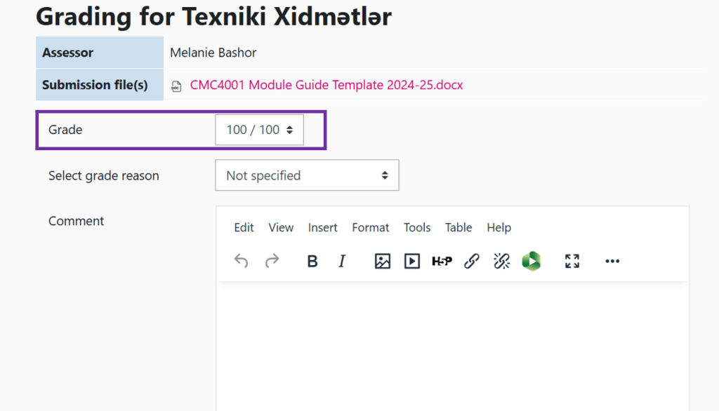 Screenshot showing Grade space