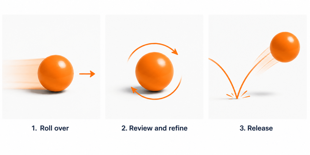 Three-panel infographic showing an orange ball representing a course workflow: rolling for “Roll over”, turning for “Review and refine”, and bouncing for “Release”.