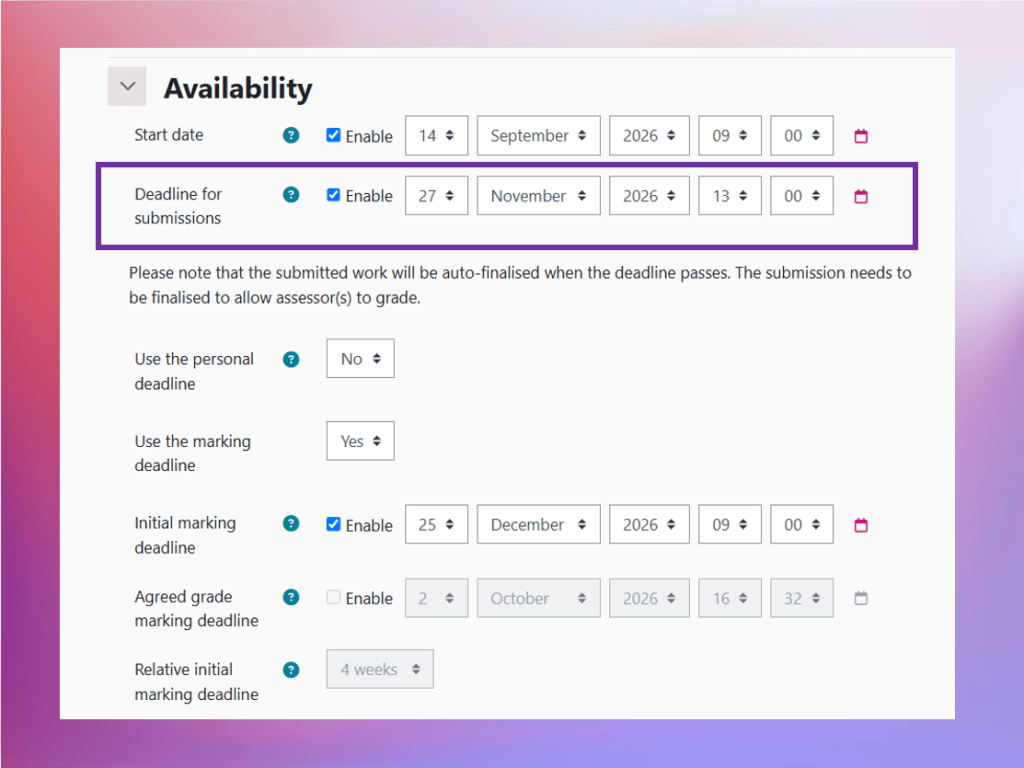 Screenshot of the Deadline for submissions screen in Availability